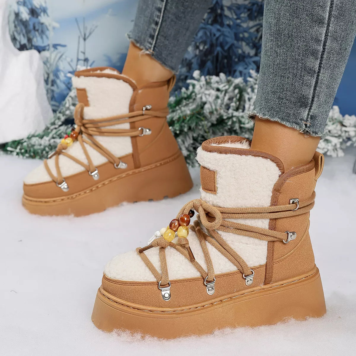 Suede platform winter boots pair standing together