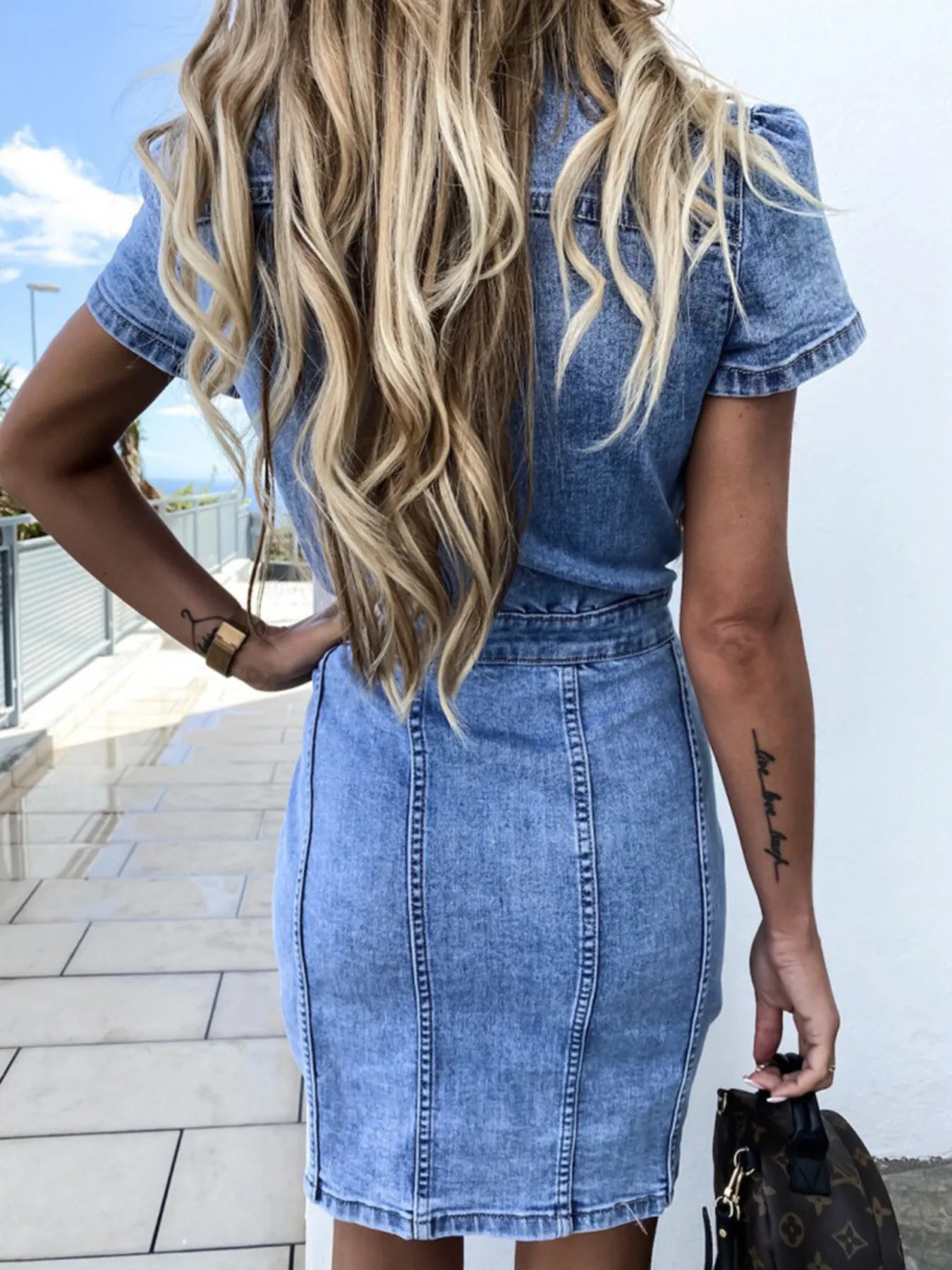 Button Front Short Sleeve Denim Dress - Fashorio