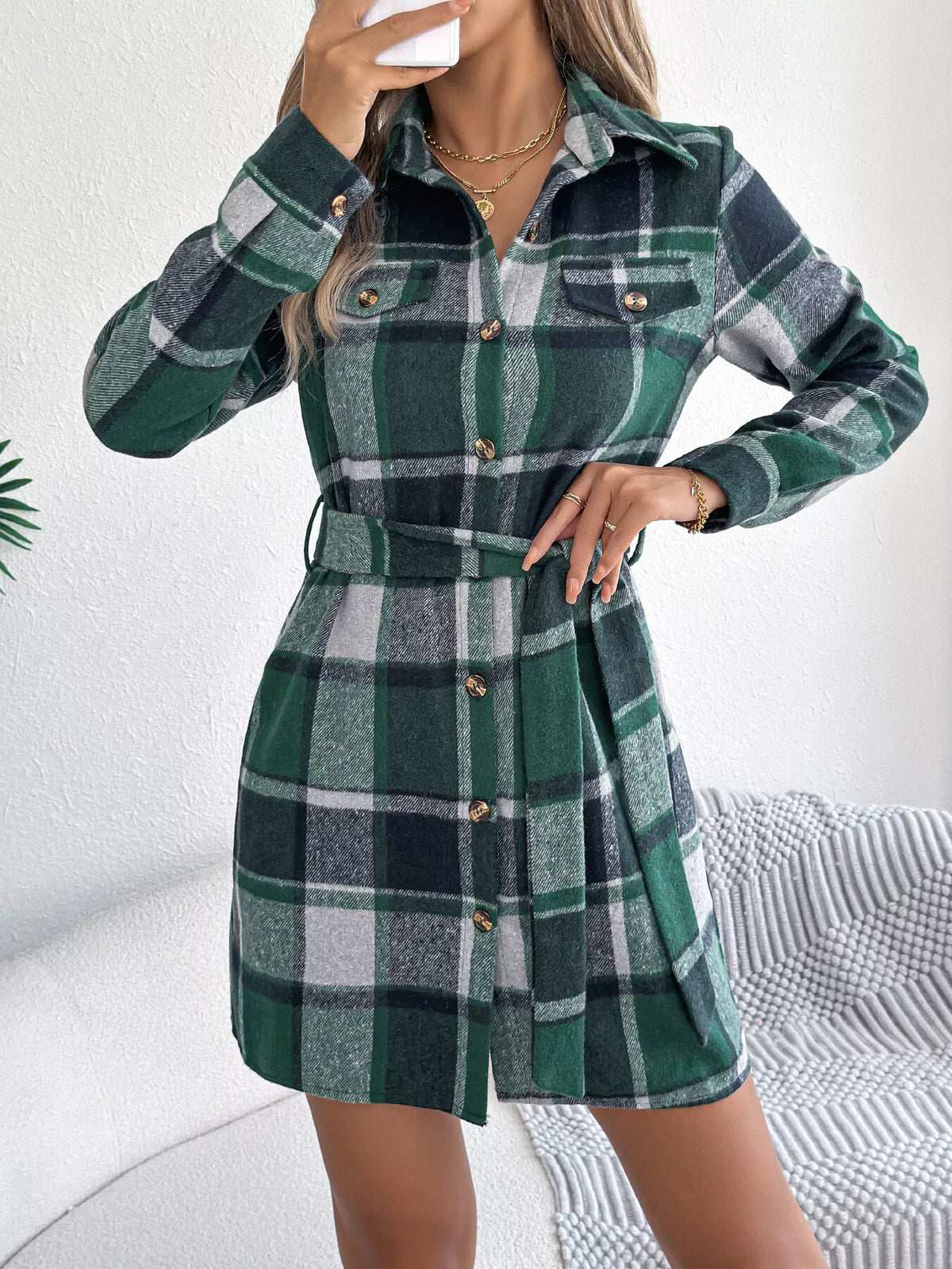 Plaid Tie Waist Shirt Dress in Green side view