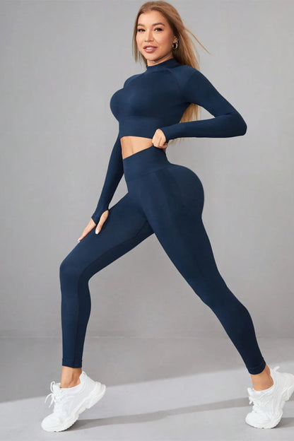 Mock Neck Long Sleeve Top and Pants Active Set - Fashorio
