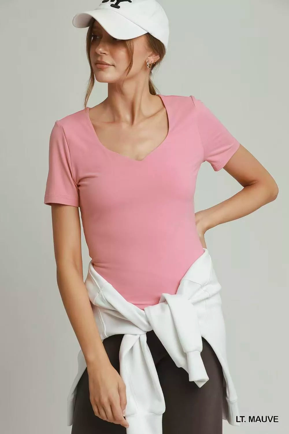 Light mauve Umgee sweetheart neckline top front view