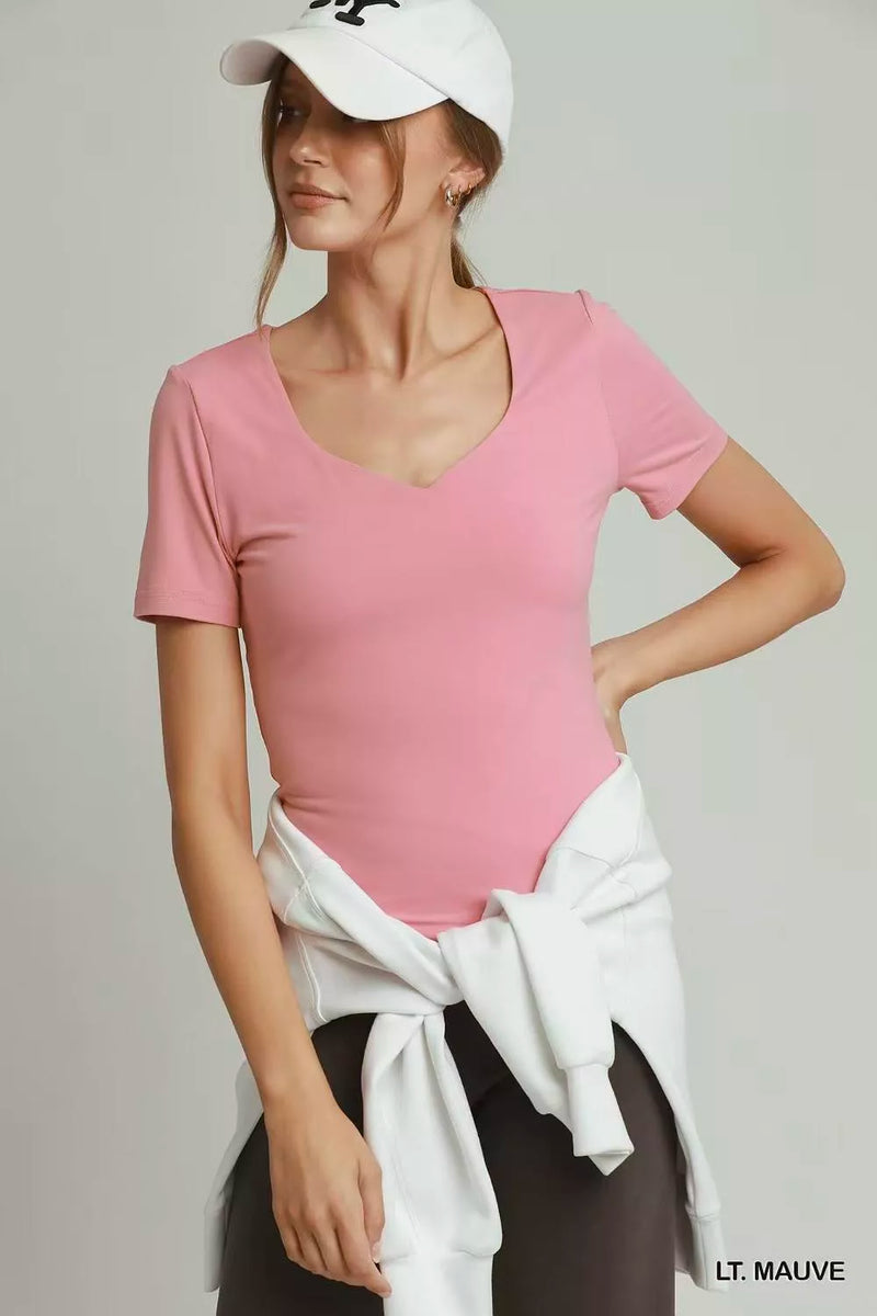 Light mauve Umgee sweetheart neckline top front view