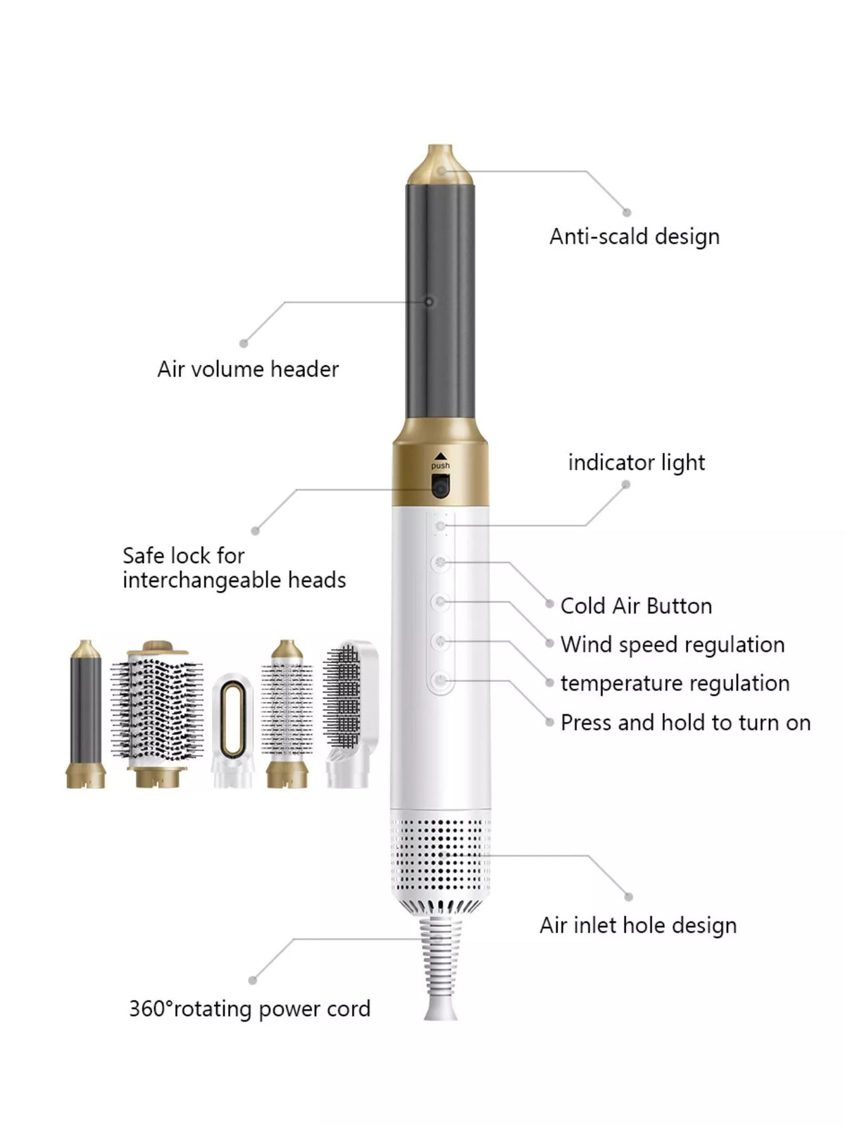 Hot air styler attachments laid out