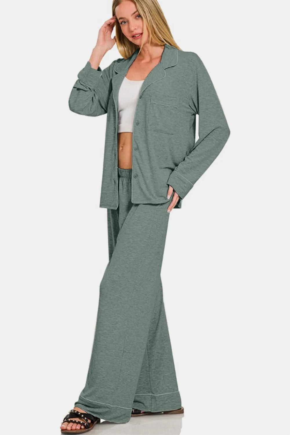 Zenana Button Down Long Sleeve Top and Pants Lounge Set - Fashorio