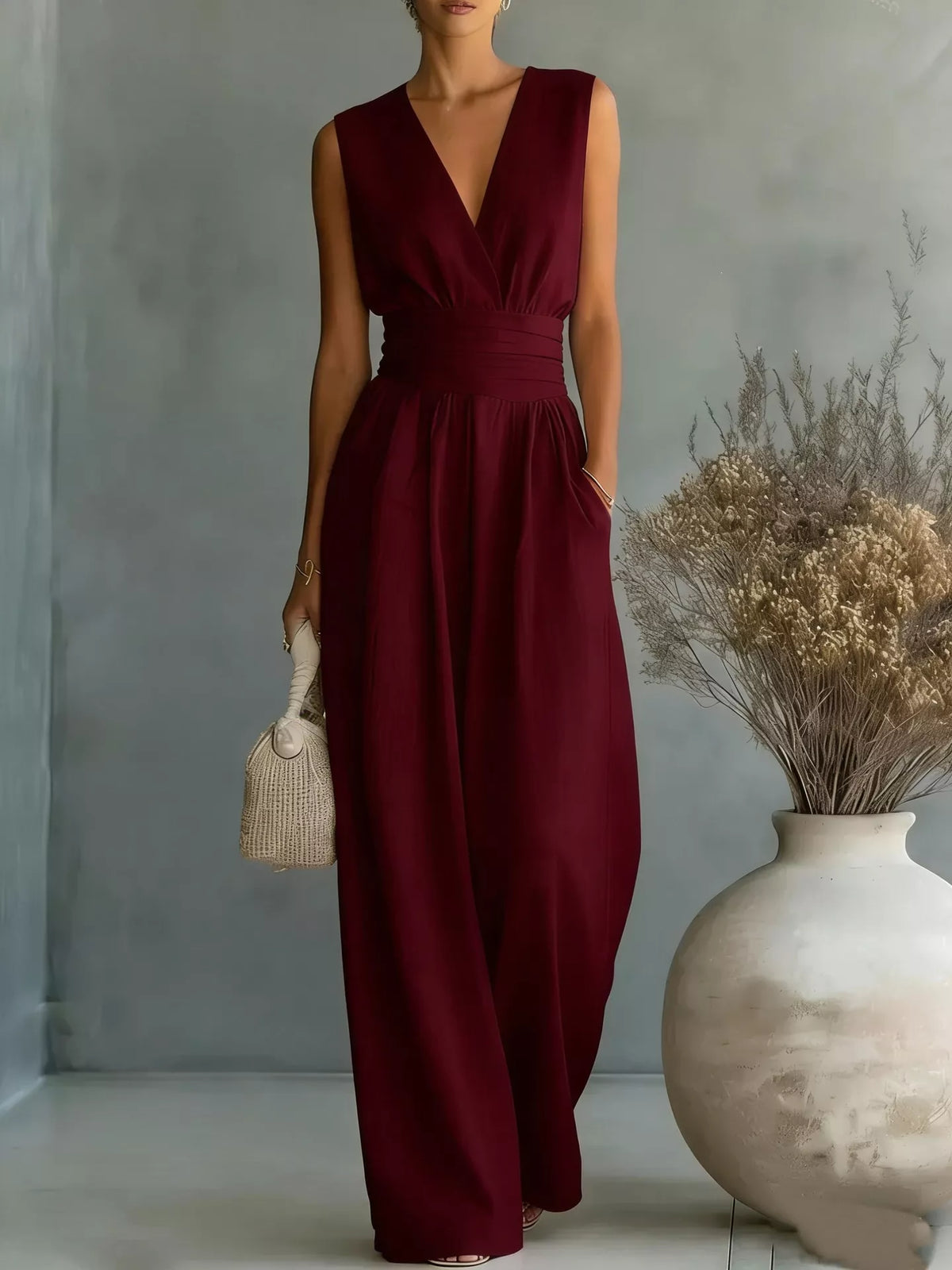 Wide leg jumpsuit burgundy color