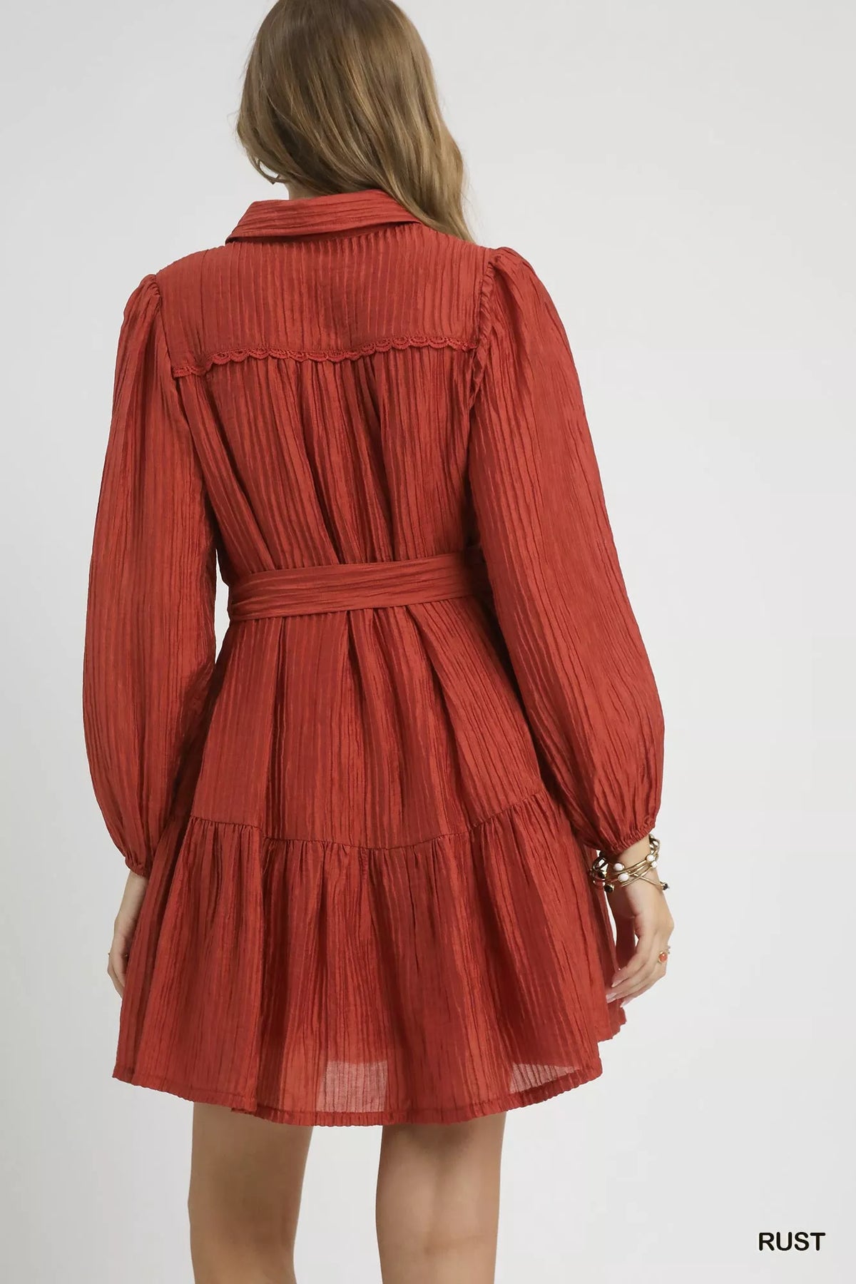 Crinkle Button Front Tiered Mini Dress in Rust side view