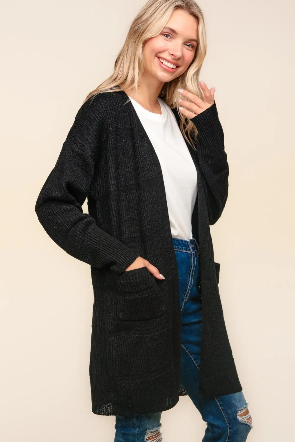 Haptics Stripe Textured Open Front Cardigan with Pockets - Fashorio
