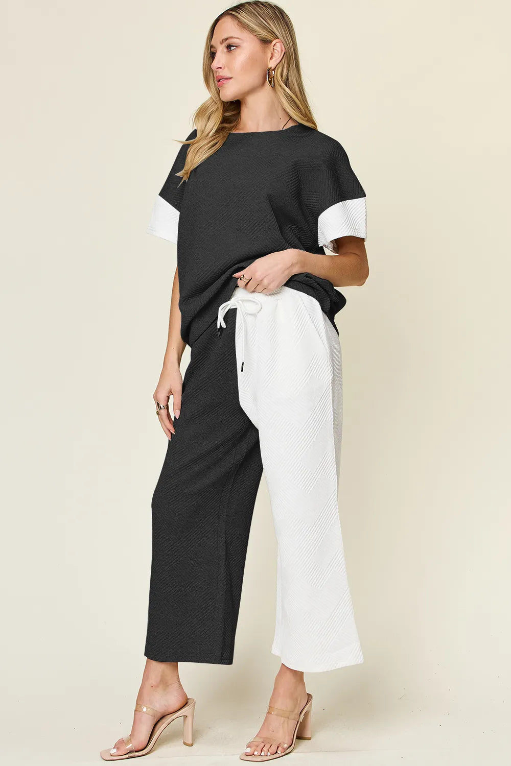 Front view of the matching tee and wide leg pants