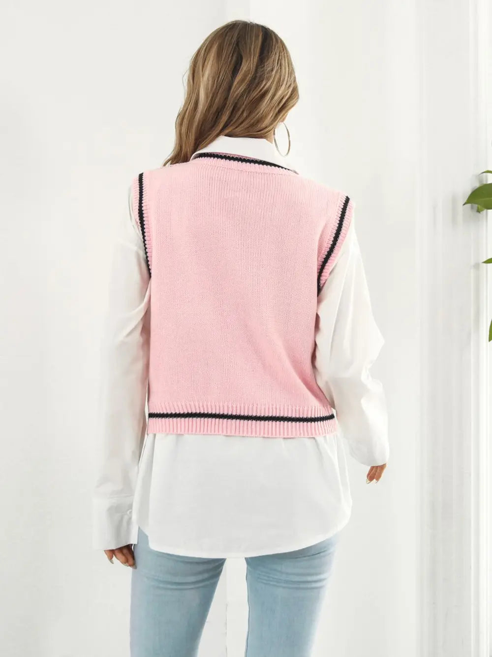 Skull Contrast V Neck Sweater Vest in Black and Blush view 7