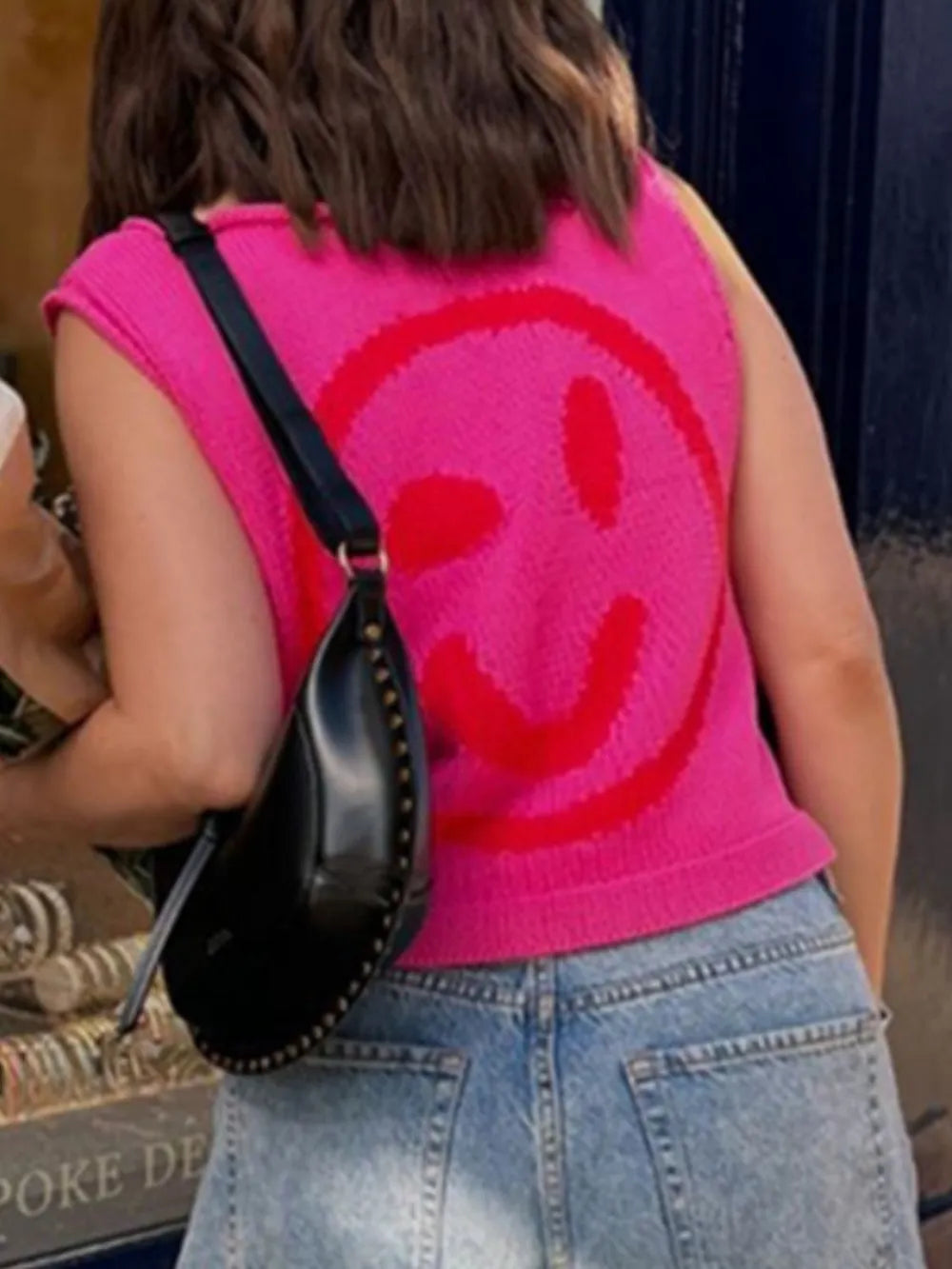 Smiley Face Round Neck Sweater Vest in Mustard view 18
