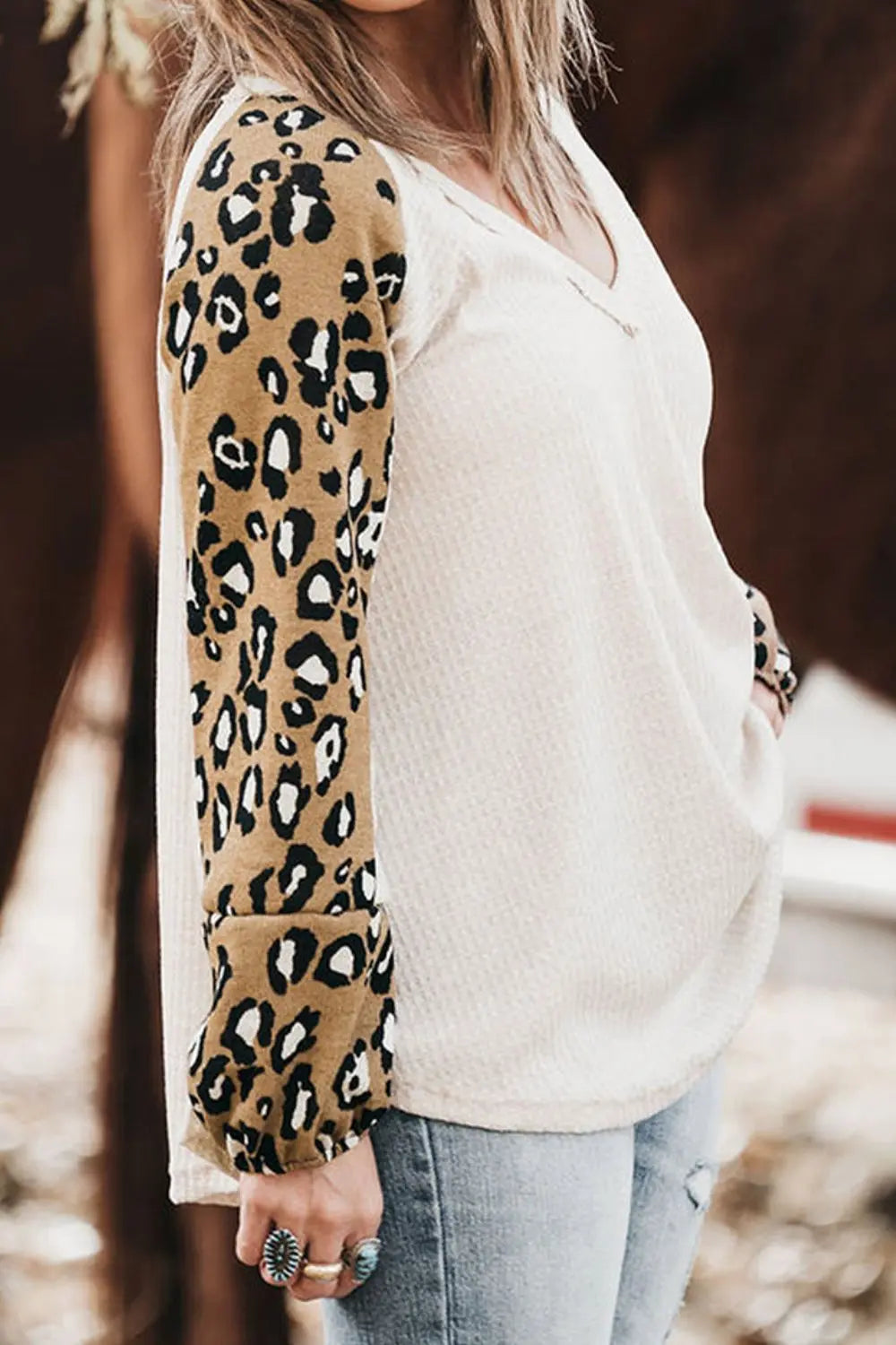 Plus Size Leopard V-Neck Raglan Sleeve Blouse - Fashorio