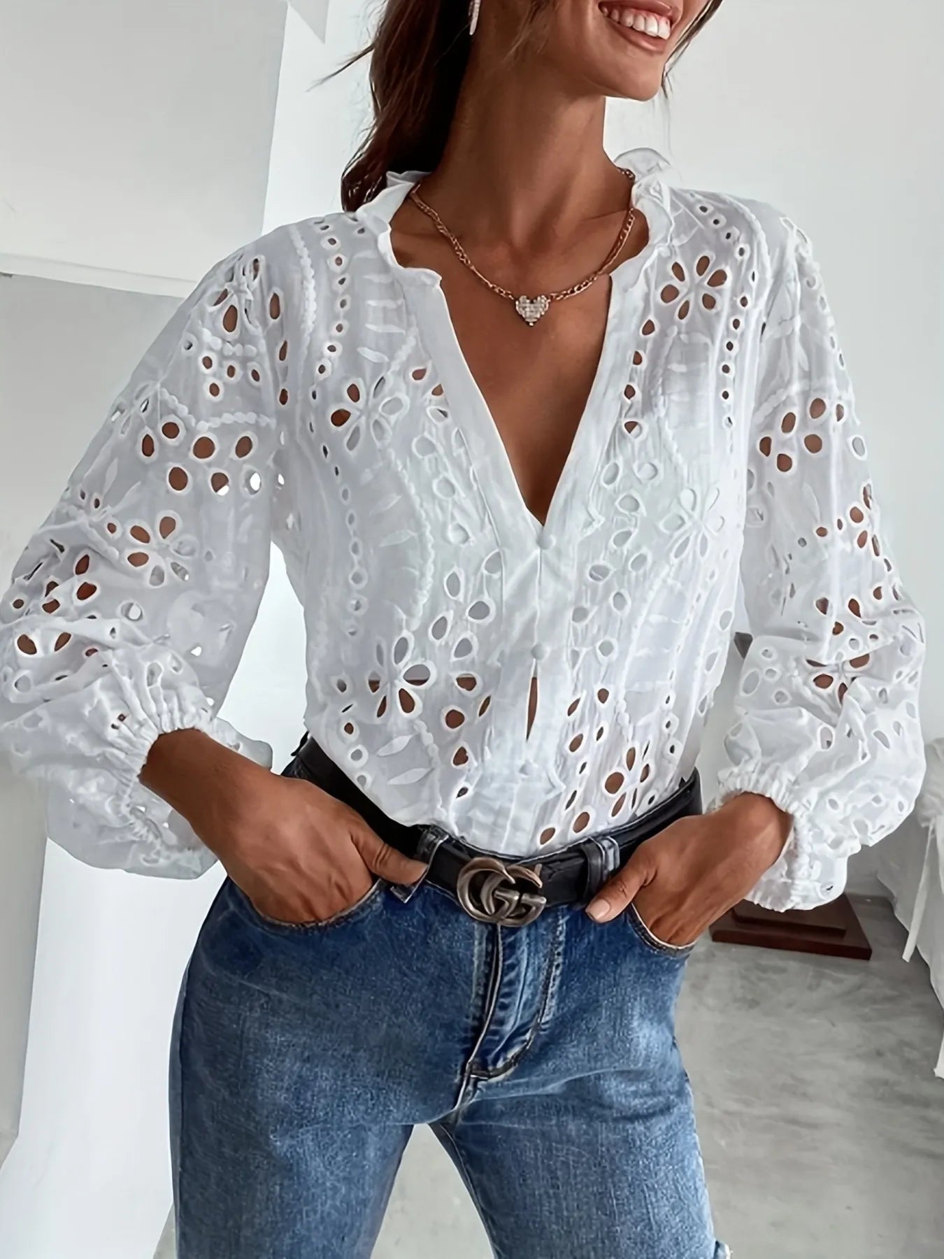 Eyelet Embroidered Button Front Shirt with Puffed Sleeves - Fashorio