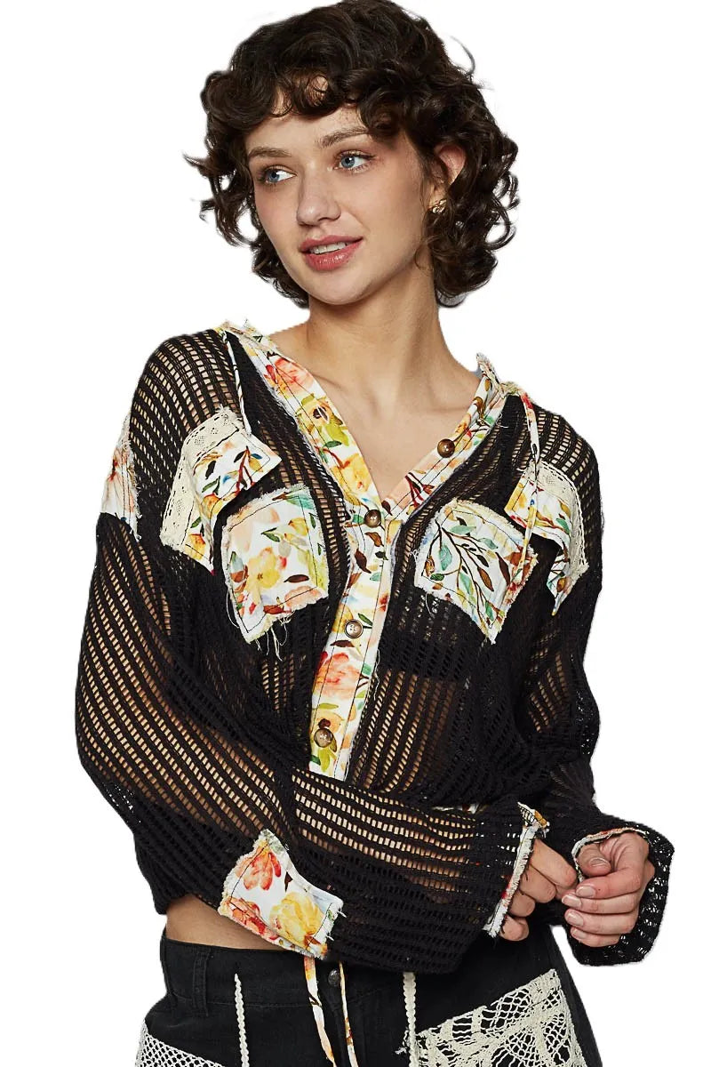 POL Vintage Washed Crochet Hoodie Jacket With Patchwork - Fashorio