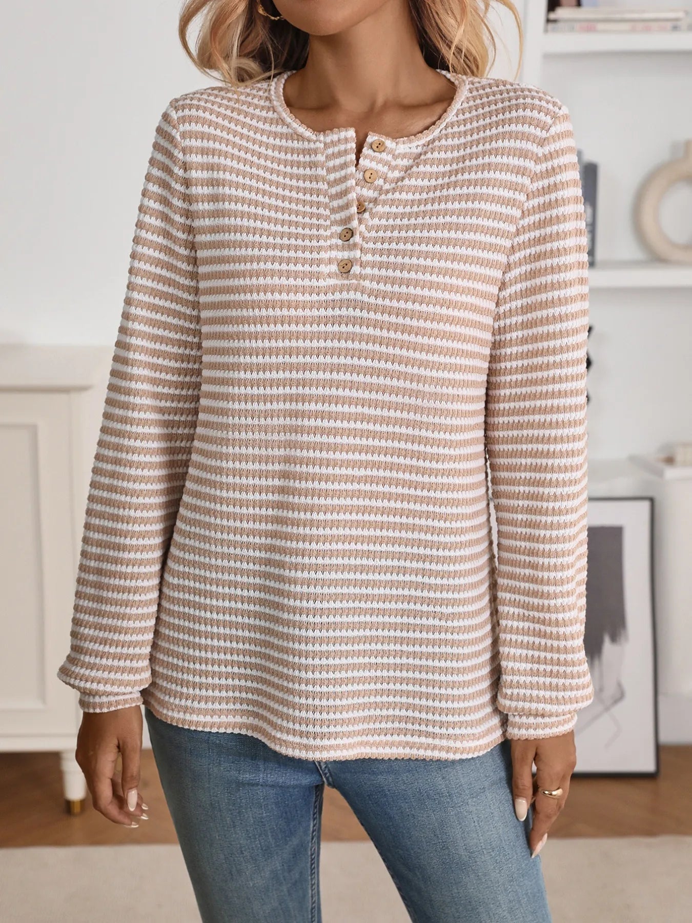 Striped Button Detail Long Sleeve Top - Fashorio