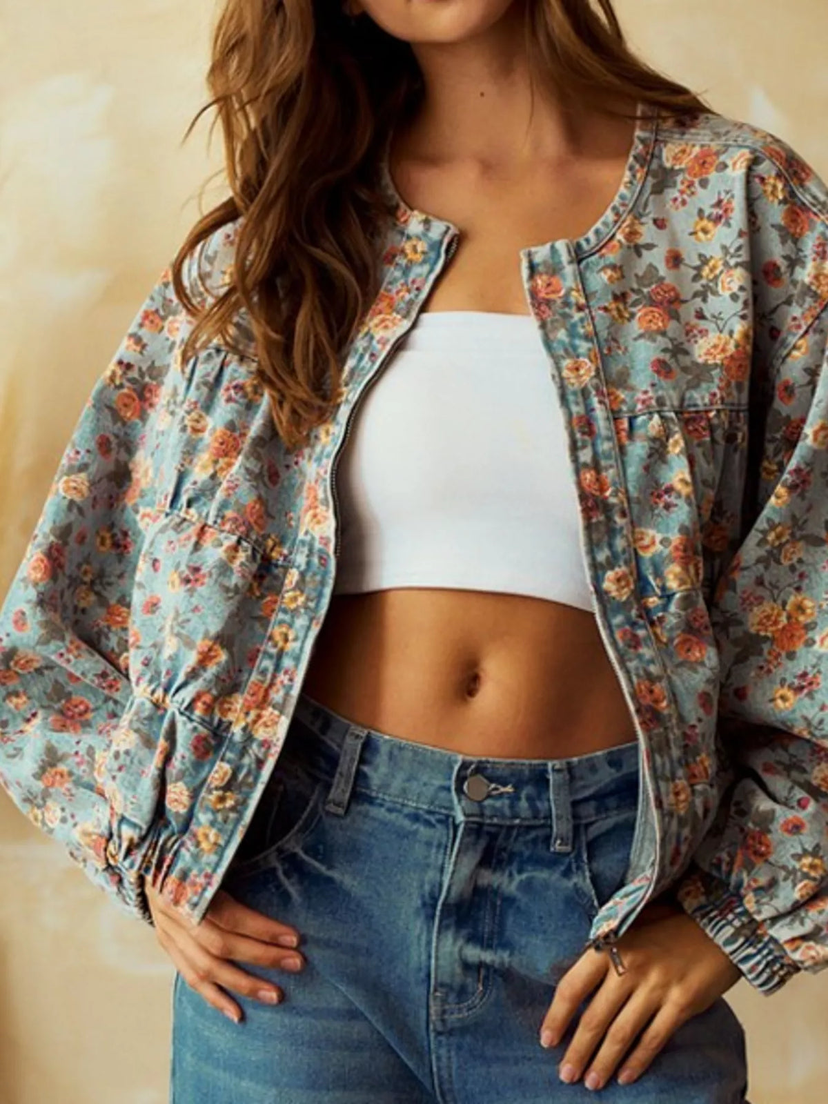 Floral Print Cropped Zip Up Denim Jacket back view