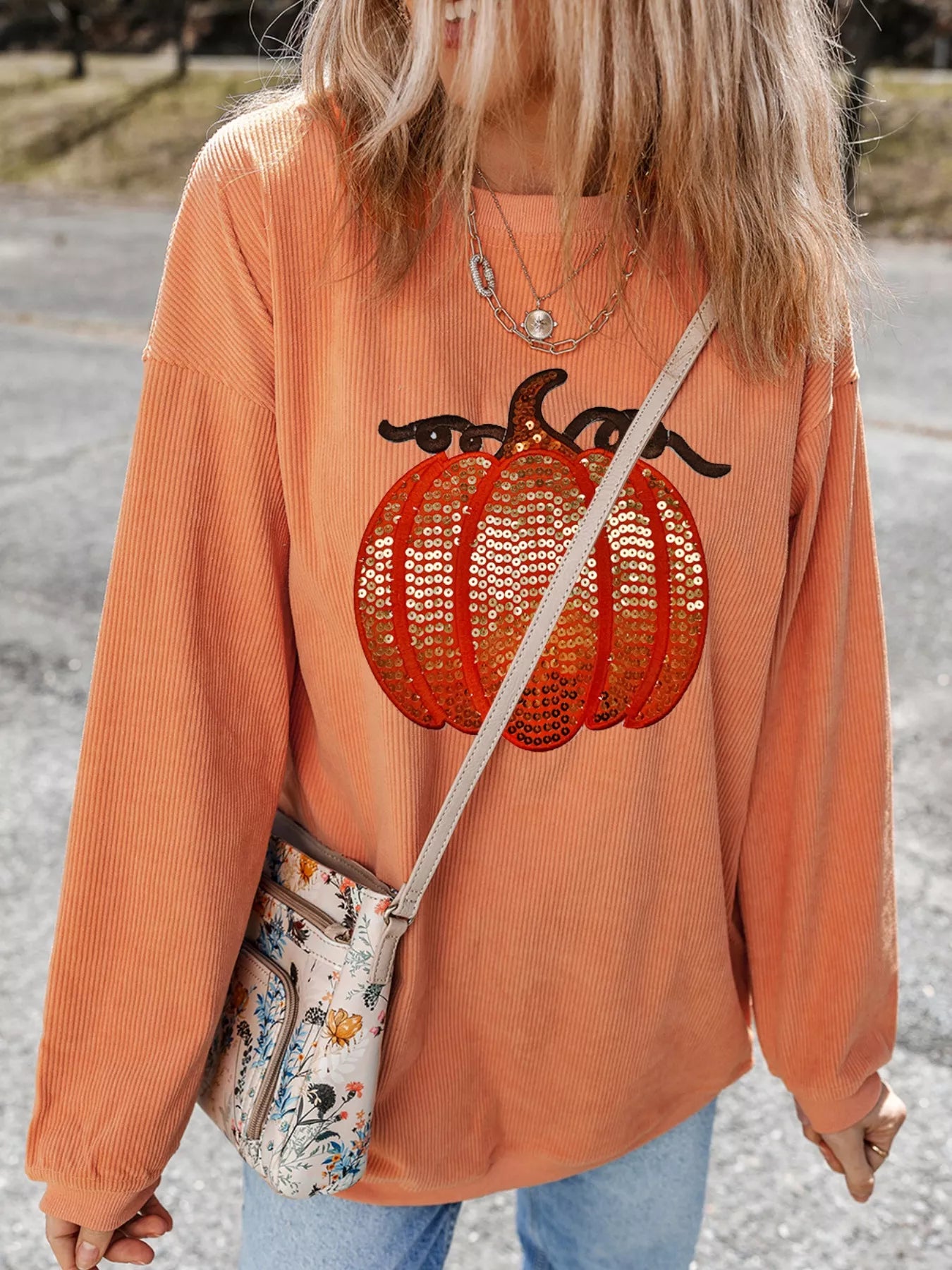 Halloween Sequined Pumpkin Ribbed Round Neck Sweatshirt - Fashorio