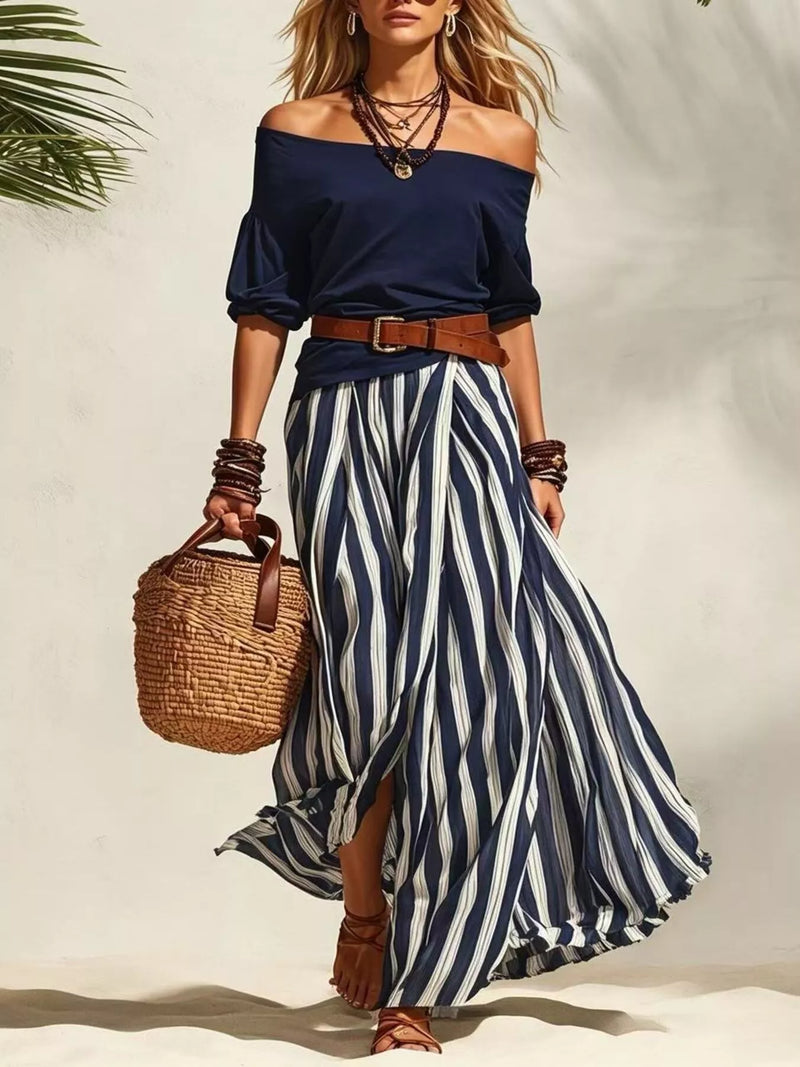 Off shoulder top and striped maxi skirt set front view