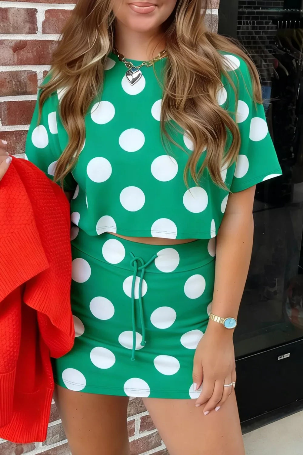 Green polka dot cropped tee and skort two piece set front view
