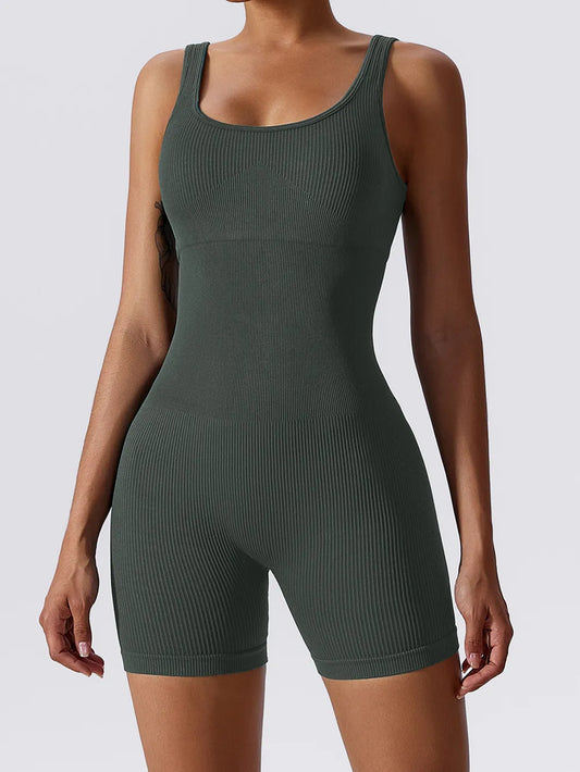 Basic Bae Ribbed Sleeveless Active Romper Dark Gray - Fashorio