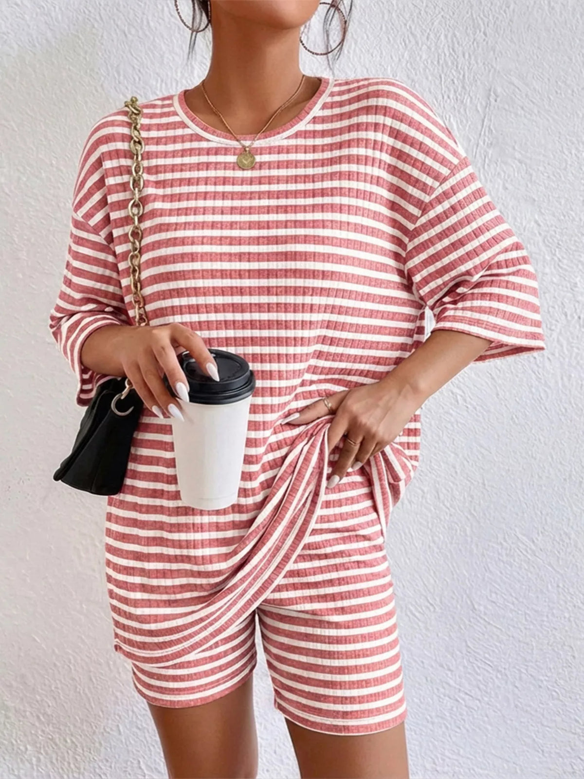 Striped round neck two piece set detail