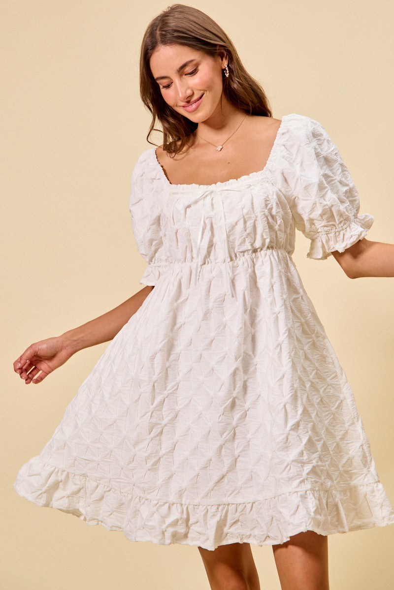 Textured Ruched Bust Mini Dress in Off White back view