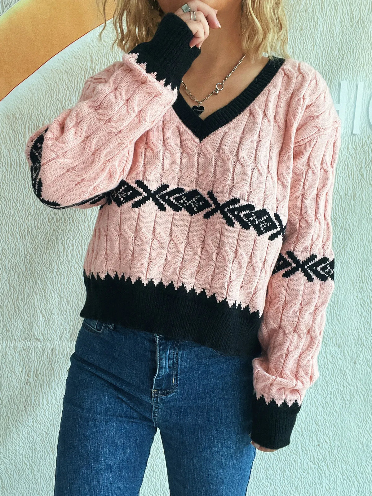 Cable Knit V Neck Sweater close up