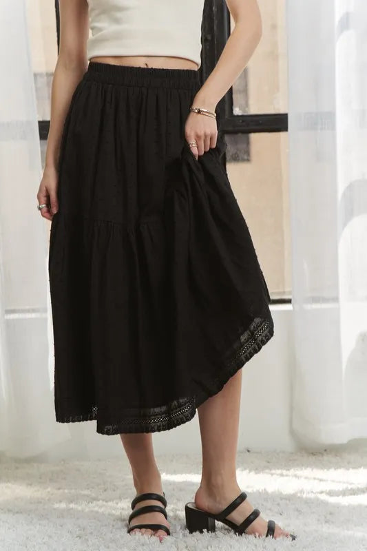ADORA Elastic Waistband Tiered Midi Skirt - Fashorio