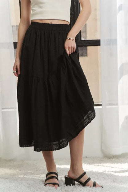 ADORA Elastic Waistband Tiered Midi Skirt - Fashorio