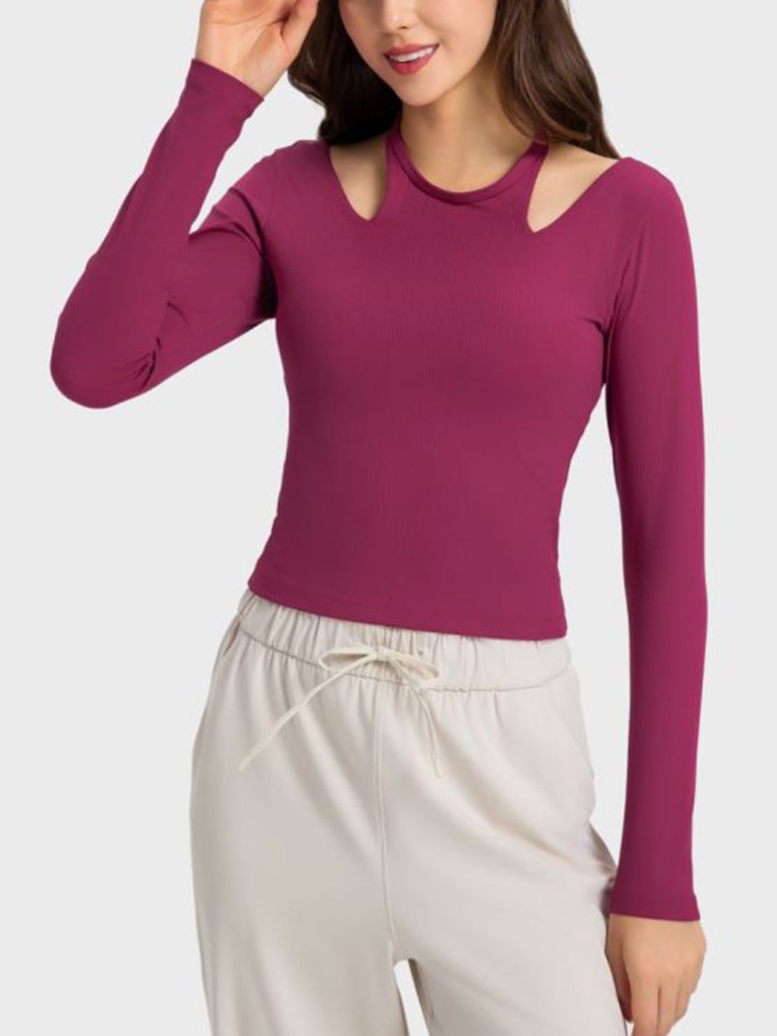halter neck long sleeve active top side view