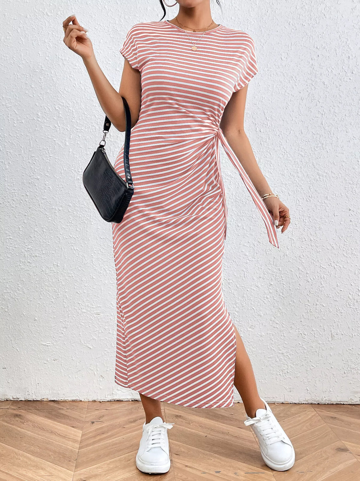 Striped tie waist dress in royal blue, front view