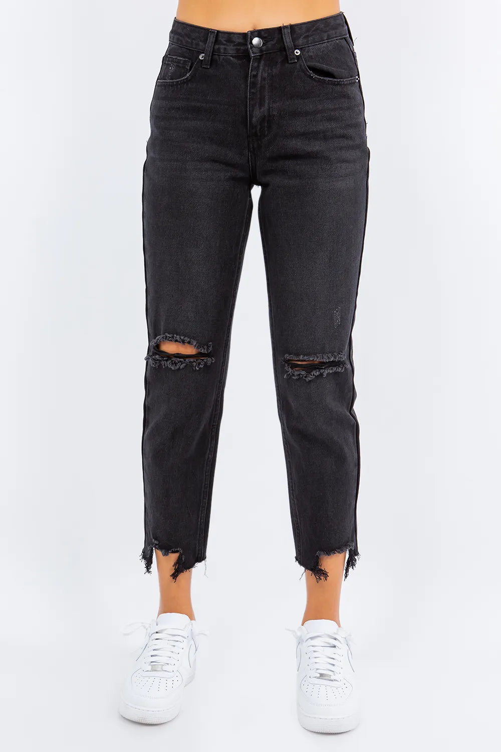 American Bazi High Waist Distressed Cropped Straight Jeans Black - Fashorio