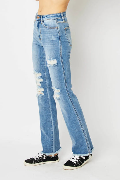 Judy Blue Distressed Raw Hem Bootcut Jeans – Full Size Denim - Fashorio