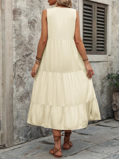 Ivy Lane Decorative Button Notched Sleeveless Dress - Fashorio