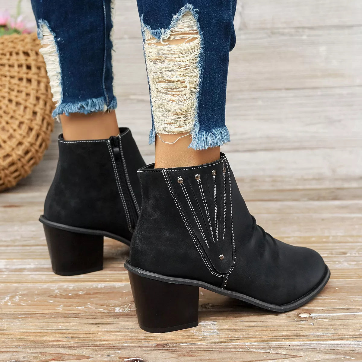 Suede point toe block heel boots back heel view