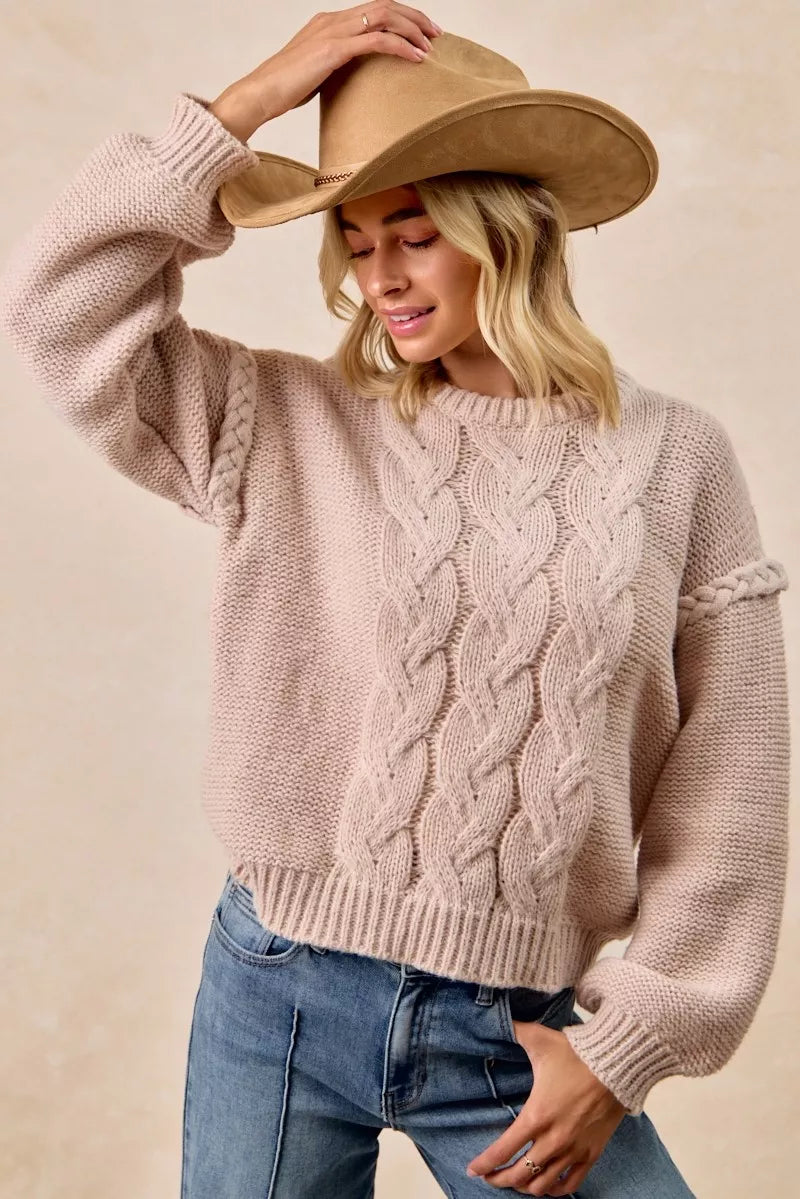 Cable Knit Sweater with Shoulder Braid in Mocha back view