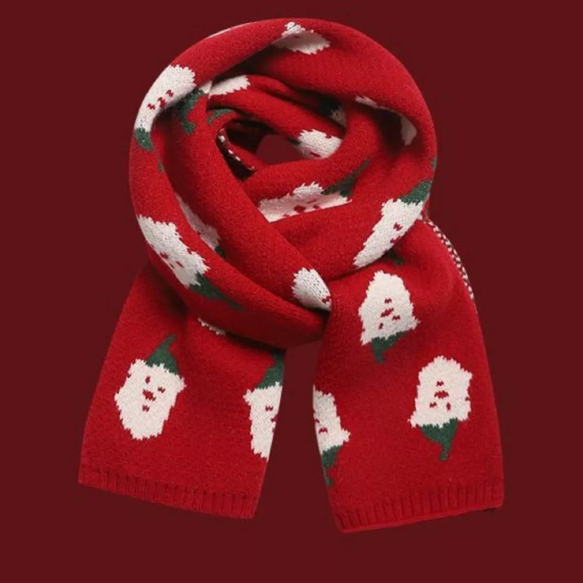 Christmas knitted scarf wrapped around the neck