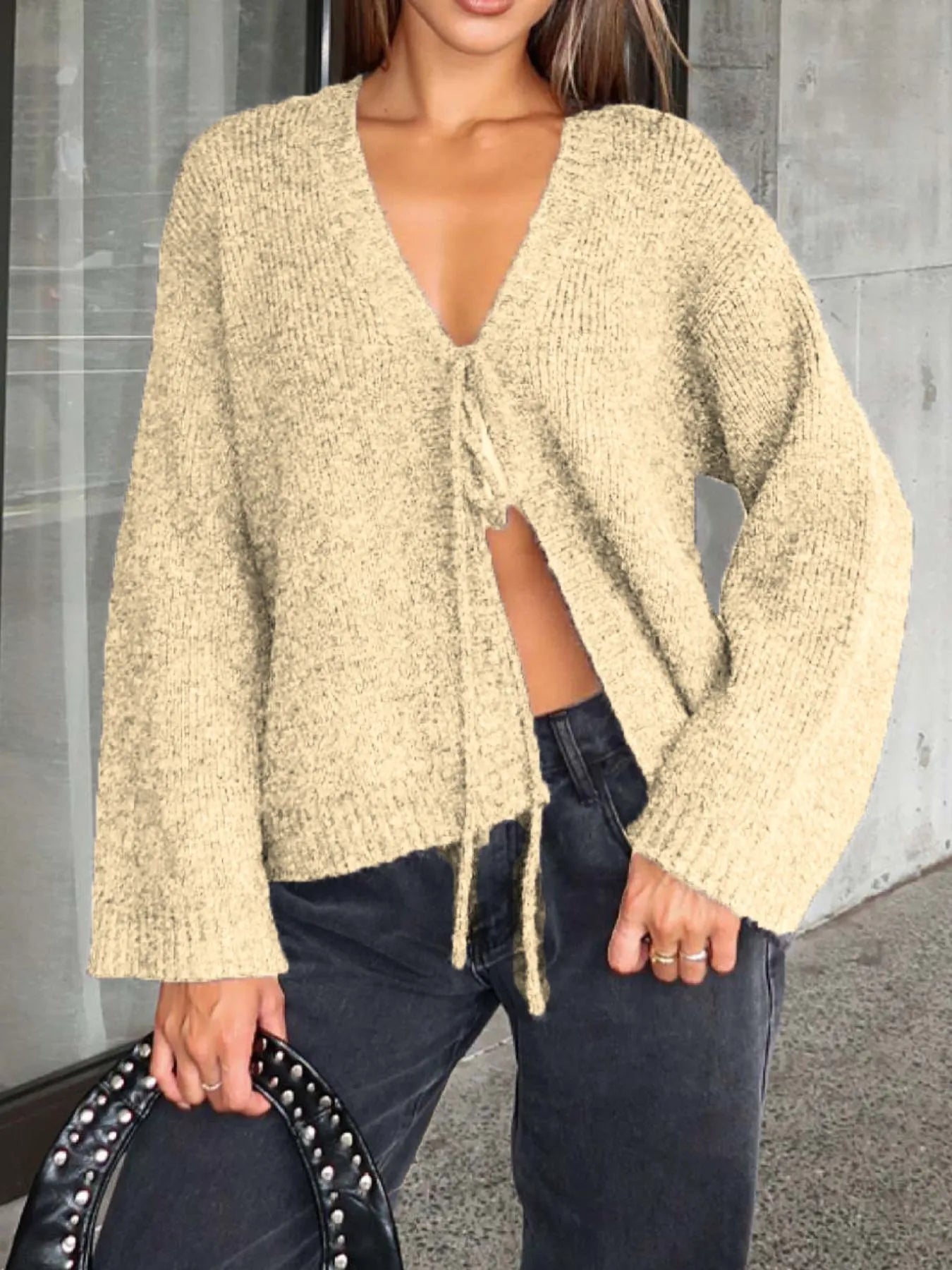 Open Front Tied Sweater Cardigan Pastel Yellow - Fashorio