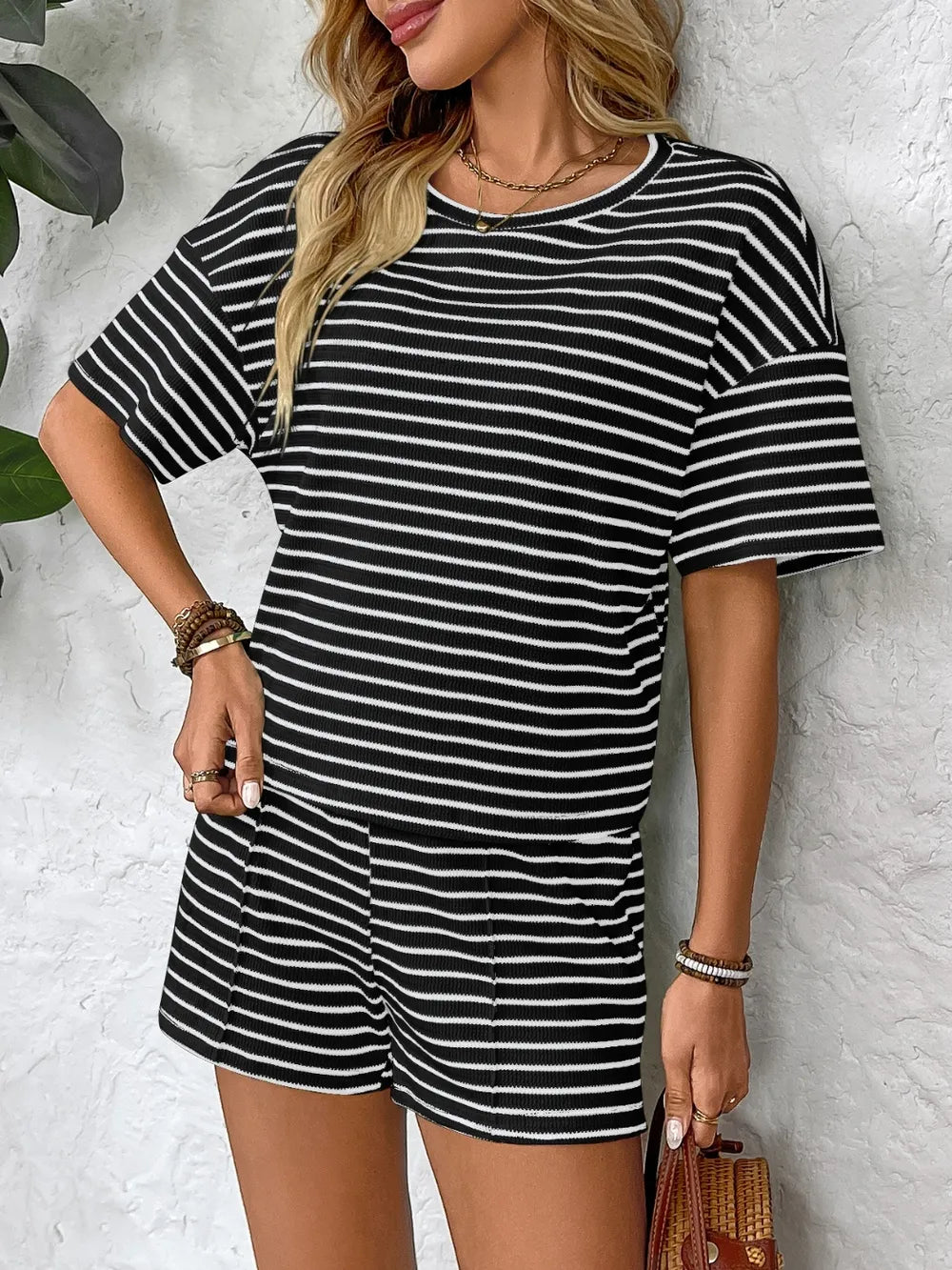 Striped Round Neck Short Sleeve Top and Shorts Set - Fashorio