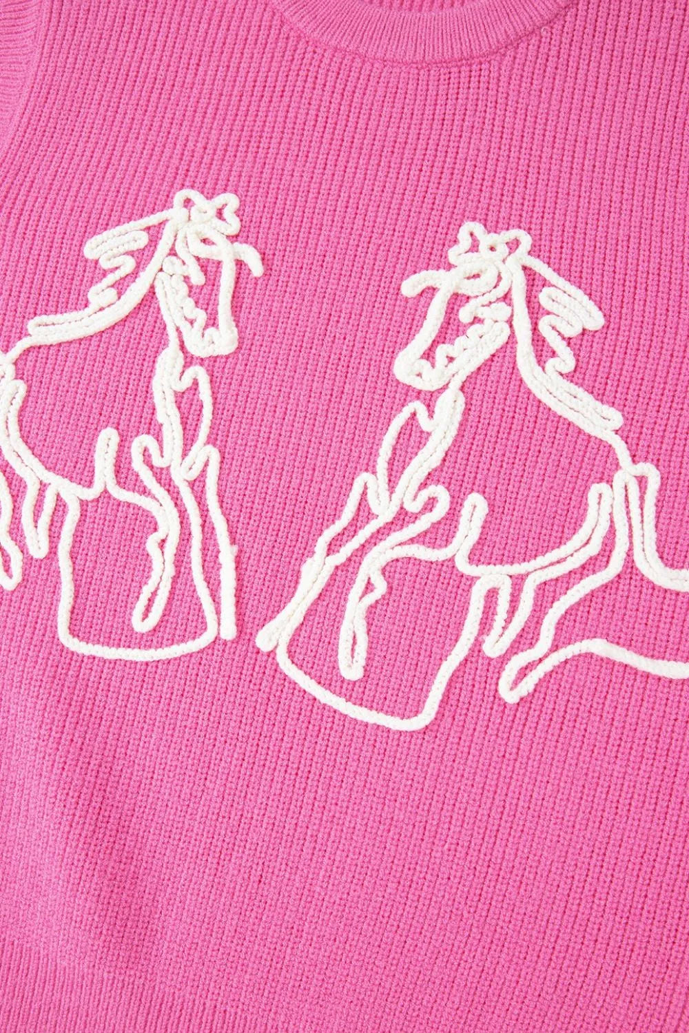 Western Horse Embroidered Round Neck Sweater in Fuchsia close up