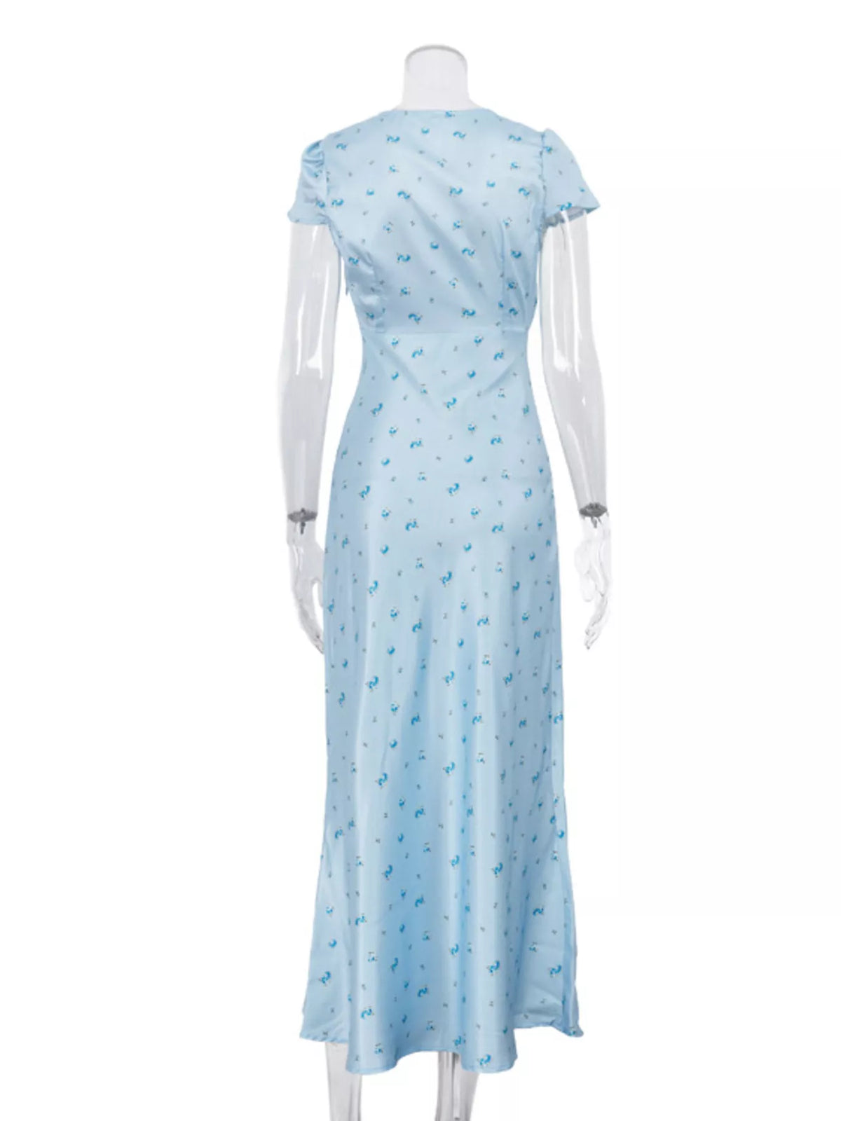 Side view of the light blue cap sleeve maxi dress