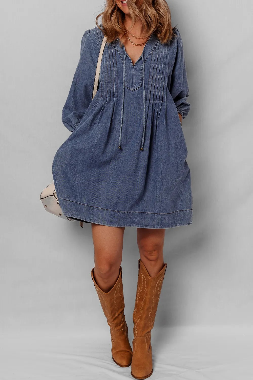 Tie Neck Long Sleeve Mini Denim Dress - Fashorio