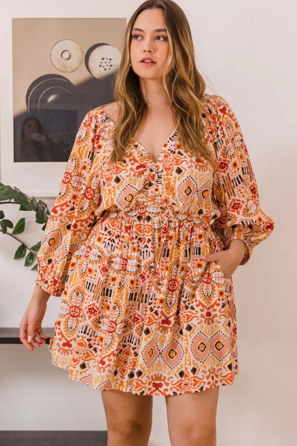 Printed Ruff Sleeve Romper with Pockets side view