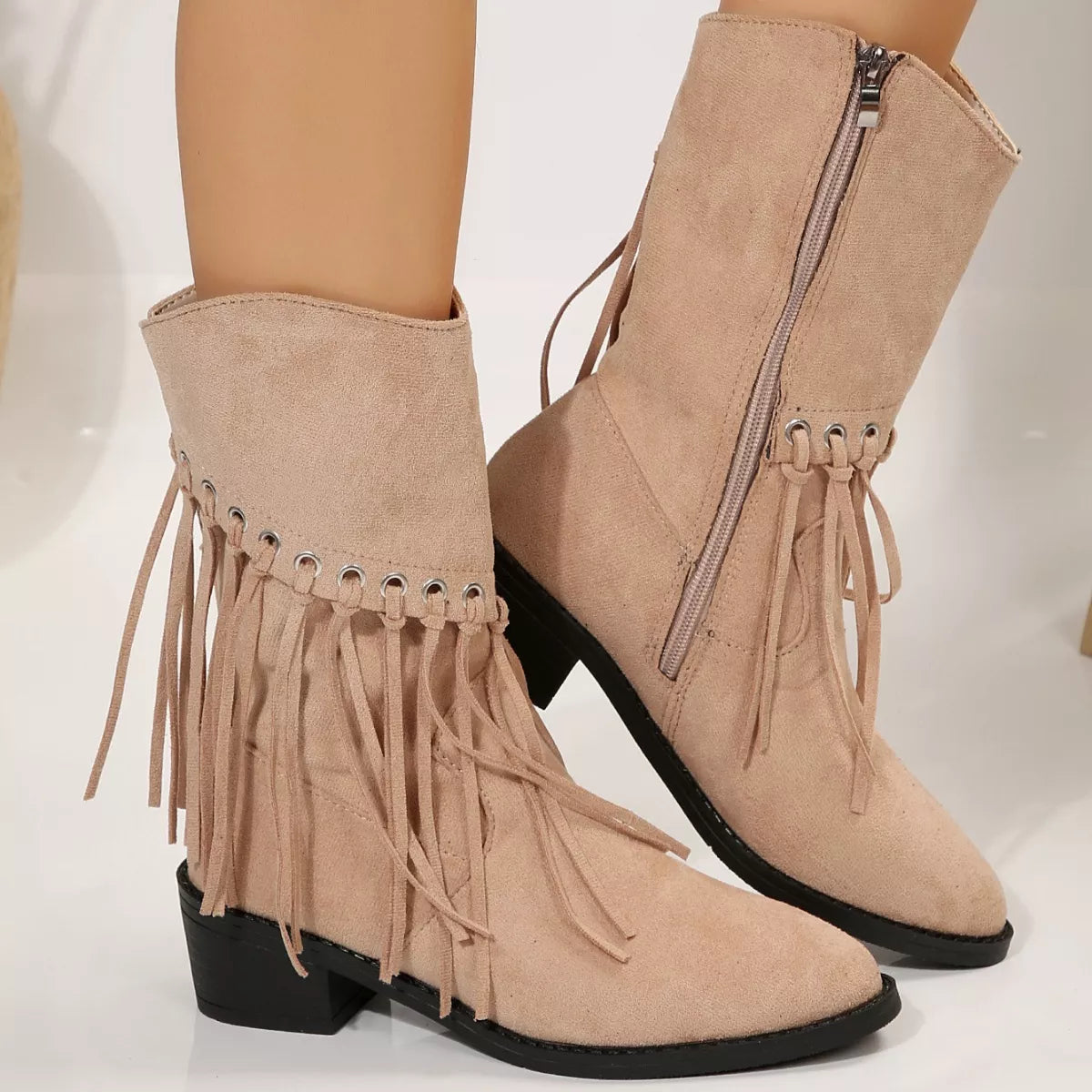 Fringe Western Block Heel Boots front view