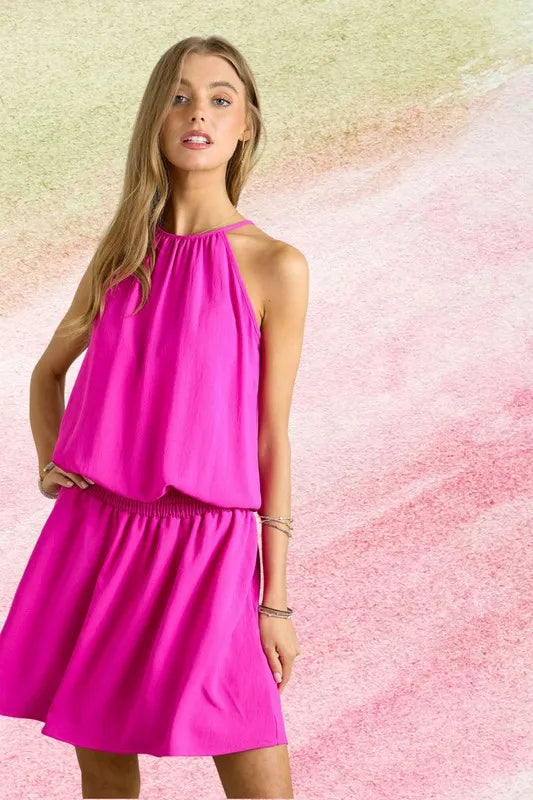 Halter Neck Smocked Waist Dress in Hot Pink back view