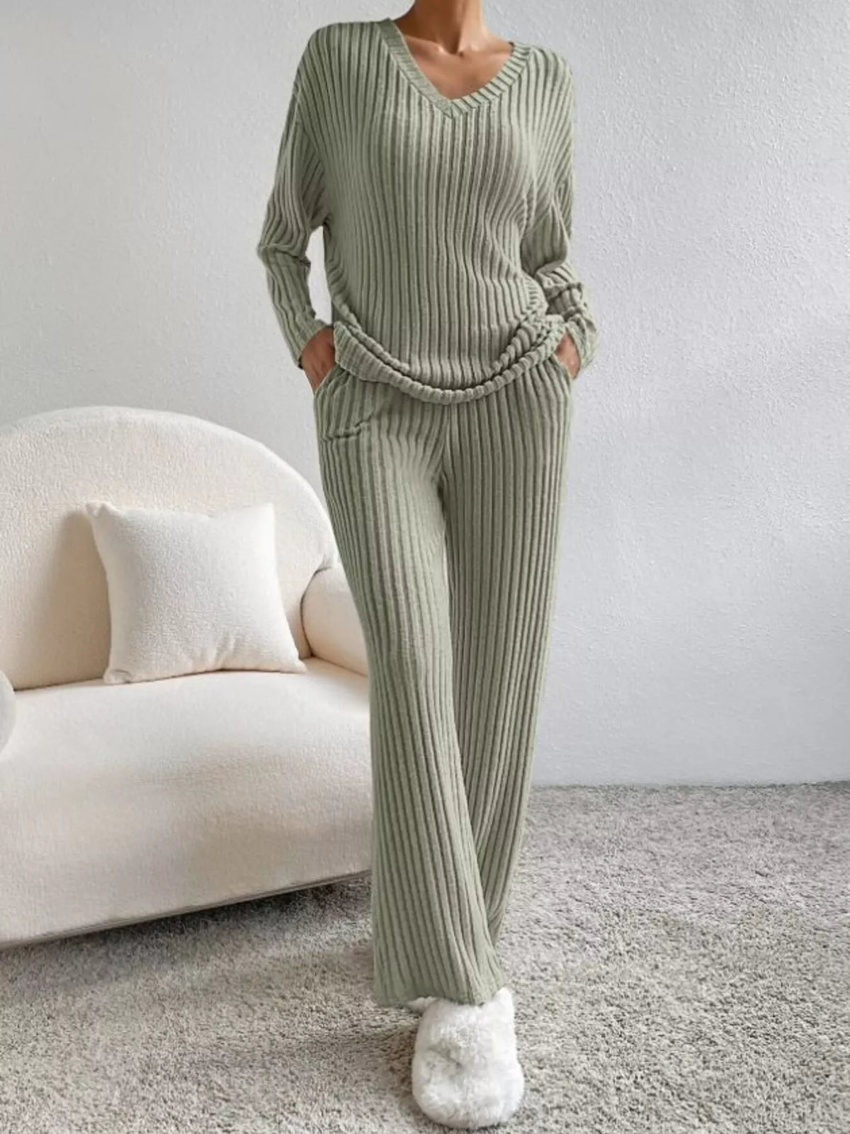 Ribbed Knit V Neck Top and Pants Set, view 16
