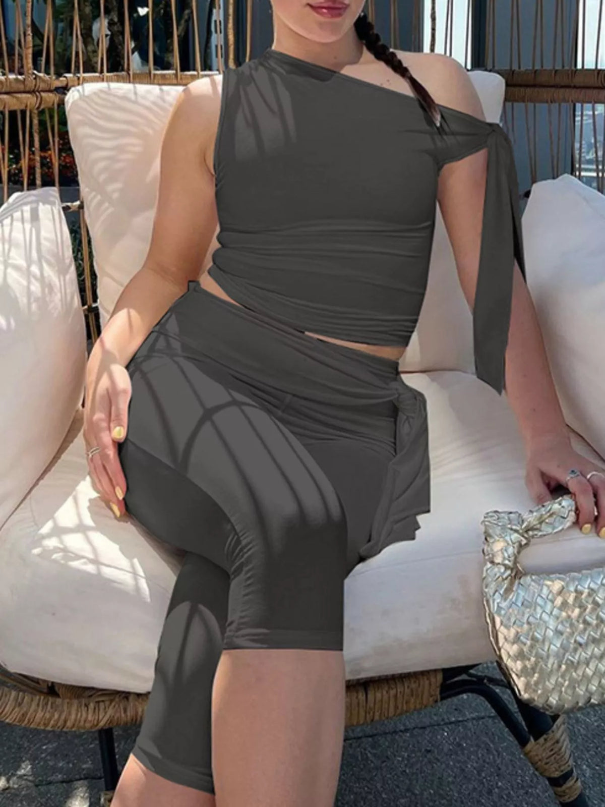 One shoulder tie detail on coordinated capri set