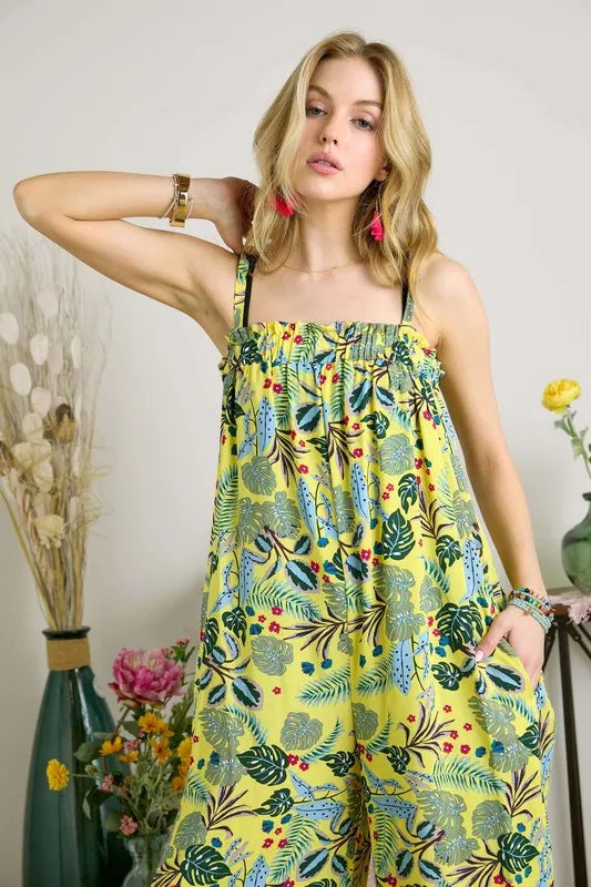 Elastic Detail Tropical Jumpsuit close up