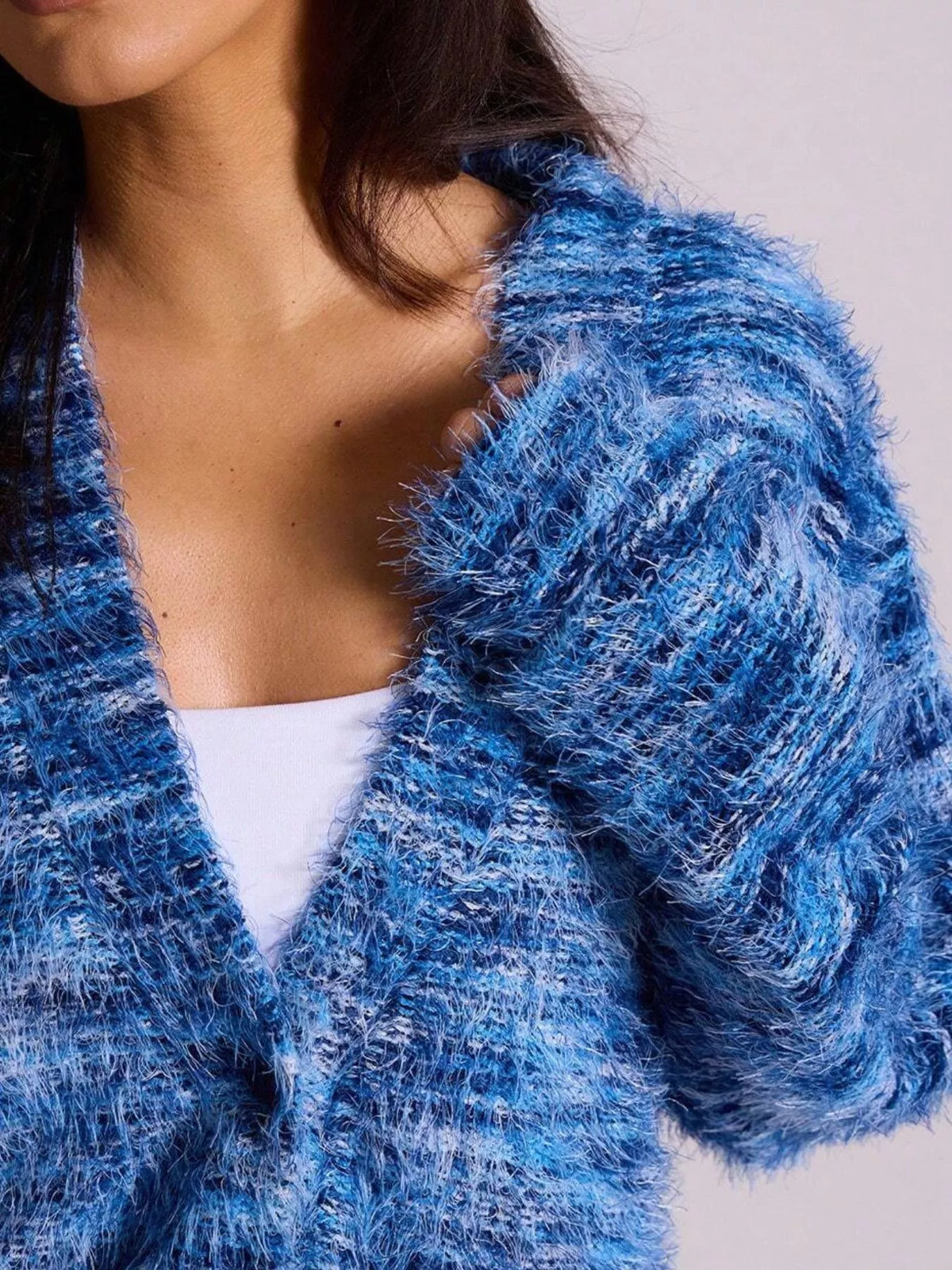 textured knit button down cardigan neckline detail