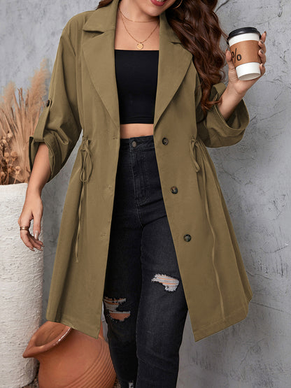 Honey Plus Size Lapel Collar Drawstring Roll-Tab Sleeve Trench Coat - Fashorio