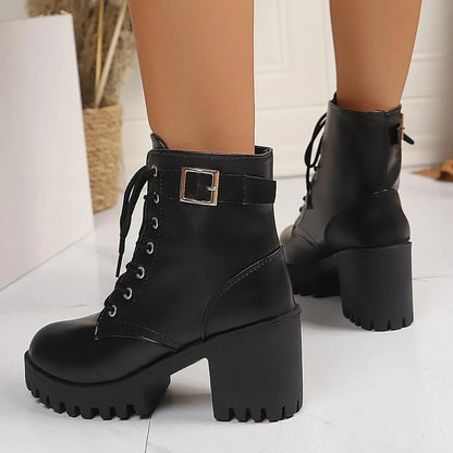 Combat Lace Up Boots with Buckle Straps - Fashorio